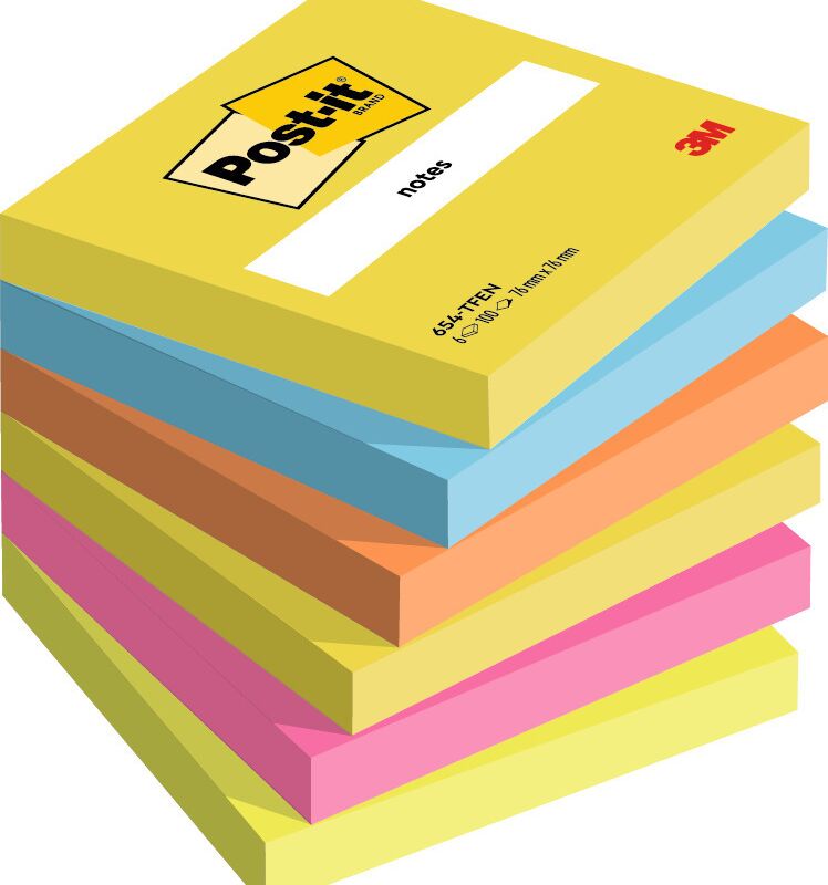POST-IT Haftnotiz Notes Energetic Collection 76x76 mm, sortiert, 6 x 100 Blatt